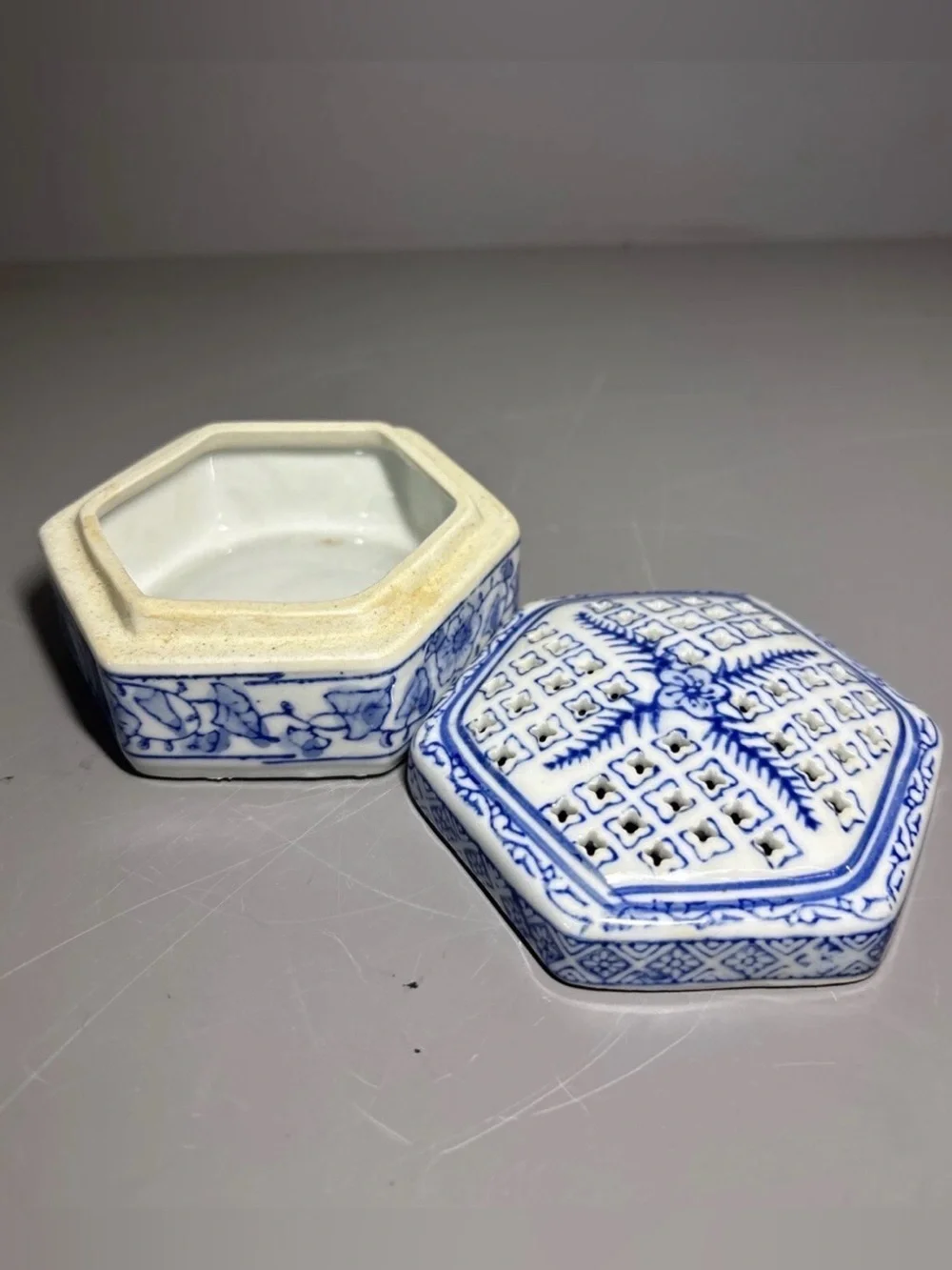 Blue and White Hexagonal Porcelain Storage Box - Decorative Trinket Dish